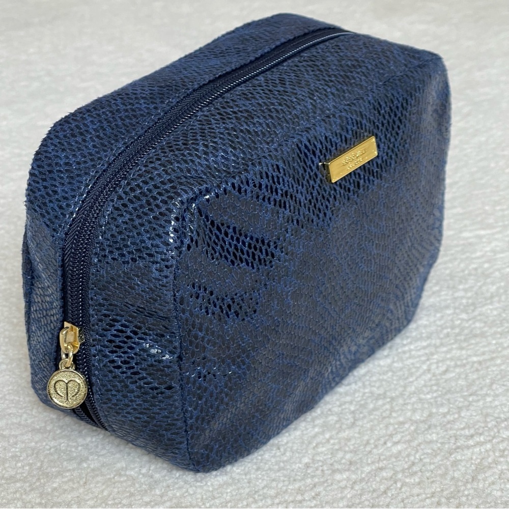 Cle De Peau Cosmetic Case Travel Bag Zippered Blue Snakeskin Texture